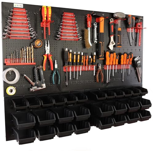 botle® Werkzeugwand Lochwand aus Metall, Stapelboxen + Wandregal + Werkzeughalter 55-TLG Set, Kleinteilelager, Wandwerkstatt mit 28 stapelbaren Schwarz Behältern, Hängeregal Sortierregal