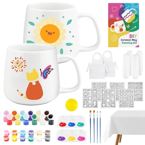 Mug Painting Kit for Adults – Pottery Painting Kit for Beginners, Paint Your Own Mug Set – Includes 2 Mugs, 12 Paints, 6 Stencils, 2 Aprons, Tablecloth & Protective Sleeves – DIY Craft Kits