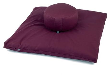 Bodhi Meditations-Set | ECO Serie | Meditationsmatte (Zabuton) & Rondo Meditationskissen | Mit Kapok-Füllung | Bezug aus 100% Bio-Baumwolle | Meditationsunterlage & Kissen (aubergine)
