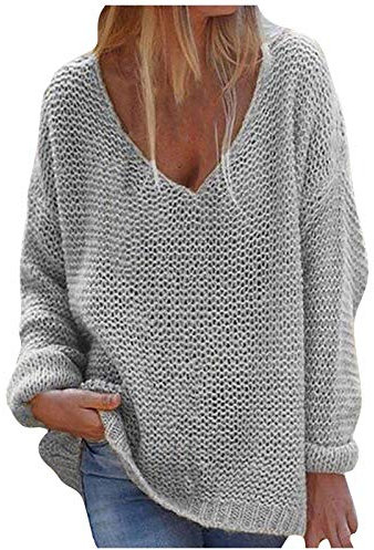 Lazzboy Store Strickpullover Frauen Stricken Damen V-Ausschnitt Loose Pullover Einfarbig Langarm Sweater Tops Oversize Grobstrick Winterpullover Strickpulli Outwear S-XL (Grau,L)