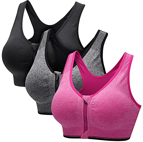 CARETOO Damen Sport BH Stark Halt Active Bra Höhe Beanspruchung Trainieren Bustier Fuer Yoga Fitness - Mit Reißverschluss Schwarz + Grau + Rose Rot, 4XL