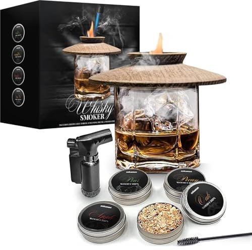 MikaMax Whiskey Smoker Set – Cocktail Smoker für geräucherten Whiskey, 4 Aromen Räucherchips, Mit Düsenfeuerzeug, Holz und rostfreier Stahl – Vatertagsgeschenk, Cocktail Zubehör für Whiskey, Bourbon