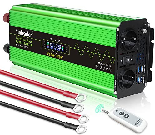 Yinleader 12V auf 230V Reiner Sinus Wechselrichter 3500W / 7000W Spannungswandler | 2 x Steckdosen und 4 USB-Anschlüsse | LCD Display mit Fernbedienung.