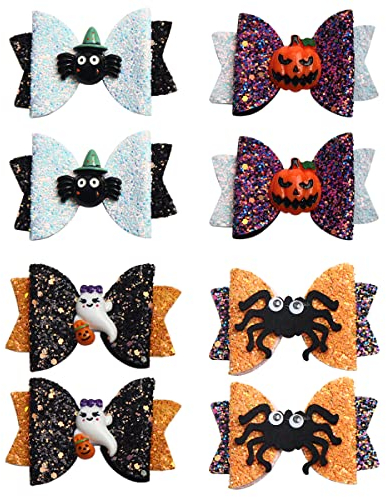PFativant Halloween Bowknot Deko Haarclips Haarbögen Haarklammern Haarschmuck Set 8STK 3 Zoll Haarspangen für Mädchen Glitzer Kürbis Spinnen Fledermaus Haarspangen Party Glänzende Glitzer Outfits