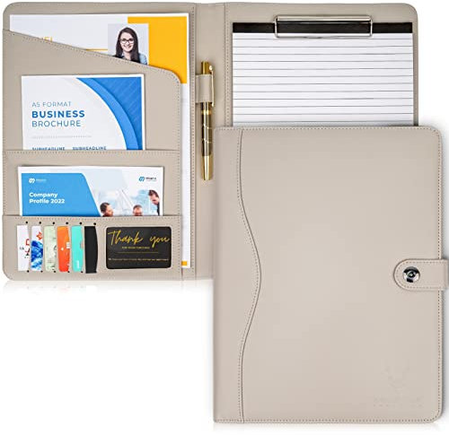 AMKSONS Schreibmappe A4 in Hell Grau inklusive Klemmbrett & DIN A4 Notizblock - Premium Konferenzmappe aus PU-Leder mit Dokumentenfächern, Stiftehalter, Klappdeckel und Magnetverschluss