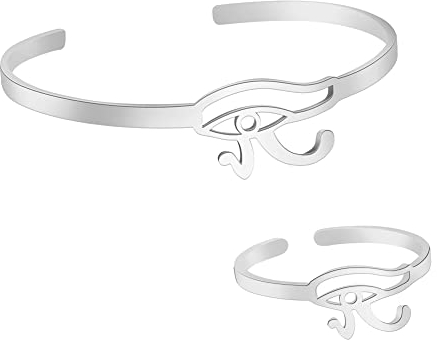 Auge des Horus Armband ägyptische Armreifen Armbänder Ringe Altes Ägypten Horus Augen Ring Glück Amulett Schutz Edelstahl Schmuck Geschenke für Frauen Weihnachten Neujahr (Silber-Armband+Ring)