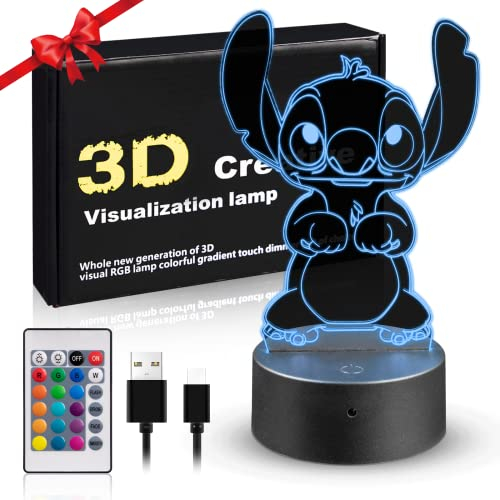 Moocuca stitch lampe,3D Nachtlicht für Nachtlicht Kinder Fernsteuerung Steuert 16 Farbvarianten Nachttischdekoration Kreatives Ambience Urlaubsgeschenke