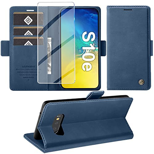 Handyhülle für Samsung Galaxy S10E Hülle mit Schutzfolie, Standfunktion Kartenfach Wallet Premium Leder Schutzhülle S10e Flip Case Cover Stoßfeste Klapphülle S10E 5.8 Zoll (Blau)