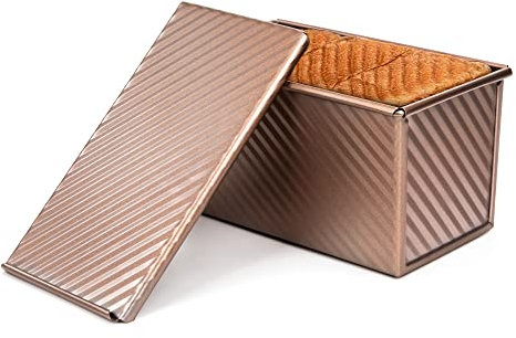 Molde para Pan con Tapa Molde para Hornear Molde de Tostadas de Acero al Carbono Molde de Pan Pullman Rectangular Molde para Pan Tostado Antiadherente, Estilo Ondulado Dorado Champán 21x11.5x11cm