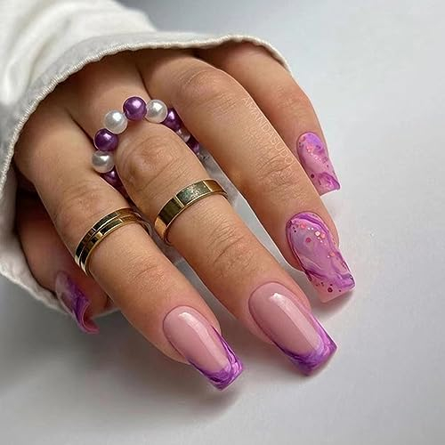 AKOFIC 24 Pièces Faux Ongles Moyen Cercueil, Ballerine Faux Ongles à Coller French, Mat Violet Press on Nails avec Gel Pad Ongles, Strass Faux Ongles Reutilisable Sans Colle pour Femmes et Filles
