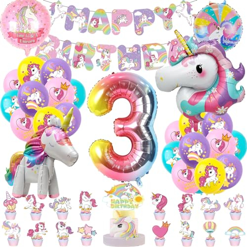 Einhorn Geburtstag Deko 3 Jahre, Einhorn Luftballons Geburtstagsdeko, 3 Jahr Geburtstag Luftballons mit 3D Einhorn Ballon, Einhorn Themen Kindergeburtstag Ballons für Mädchen Geburtstag Party