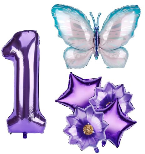 Set Decorazioni Compleanno Palloncino Farfalla Grande Palloncino Numero in Pellicola Alluminio Palloncino Farfalla Viola con Palloncini di Fiore e Stella per Festa di Anniversario Laurea (1)
