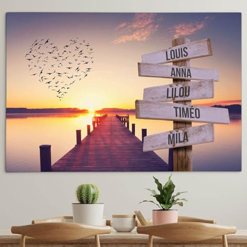 Générique Toile personnalisée avec cadre prénom famille Coeur et ponton coucher de soleil75 x 50 cm