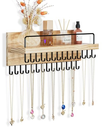 Lolalet Necklace Holder Hanging Necklace Organiser Wall Mounted Jewelry Organizer with 28 Hooks and Perfume Shelf, Wood Necklace Hanger Rack for Bracelets -Black