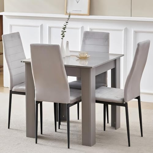 Homullel 75x75 cm Small Dining Table and 4 Chairs, 4 Seater Table and Chairs Set Kitchen Dining Room Set for 4, Compact, Space Saving, Wooden, Glossing Grey (4 Seats, Grey Flannel Line)