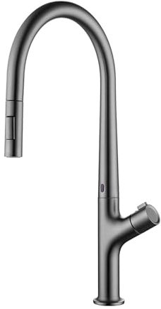 SWHC Grau Infrarot Sensor Wasserhahn Küche, Drehbar Spültischarmatur Küche mit Sensor Automatisch Sensor Mischbatterie Küche mit 2 Funktionen Brause Messing Berührungsloser Küchenarmatur Ausziehbar