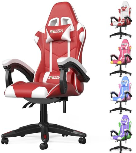 bigzzia Chaise Bureau Chaise Gaming Ergonomique en PU Cuir, Hauteur Réglable, avec Coussin Lombaire et Appui-Tête, Fauteuil Gamer Confortable pour Adultes, Filles et Garçons (Rouge et Blanc)