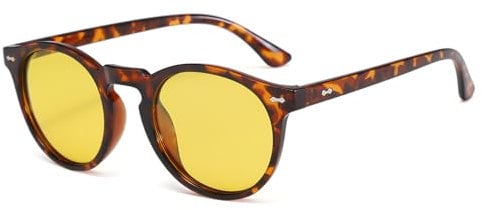 Long Keeper Retro Round Polarised Sunglasses Mens Womens Small Circle Sunglasses Classic Vintage Shades Unisex UV400 Protection Round Sun Glasses (Leopard Frame Yellow Lens)