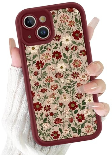 Xylota Handyhülle für iPhone 15 6,1 Hülle, Aesthetic Blumen Bunt Muster Mädchen Frauen Case, Weich Silikon Dünn TPU Bumper Stoßfeste Kratzfest Schutzhülle Cover für iPhone 15, Rot
