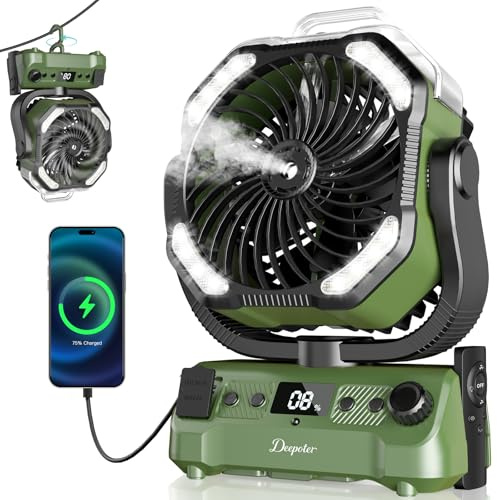 Misting Camping Fan 20000mAh - 120H Runtime Rechargeable Battery Powered Fan with LED Light | 270° Pivot, Hook, Remote & Timer | Portable Tent Fan for Camping, RV, Hurricane Prep, BBQ - Green