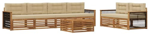 vidaXL Outdoor-Sofagarnitur mit Kissen 7 pcs Natur und Beige, Garten-Lounge, modernes Outdoor-Sofa, modulares Set für Terrasse, Bequeme Sitzmöbel