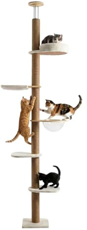 Avilia - Albero Tiragraffi per Gatti a Soffitto Regolabile 260-300 cm – Torre Tiragraffi Verticale Salvaspazio con Amaca a Cupola, Cuccia Gatto e Giochi – Palo Tiragraffi in Legno e Juta Naturale
