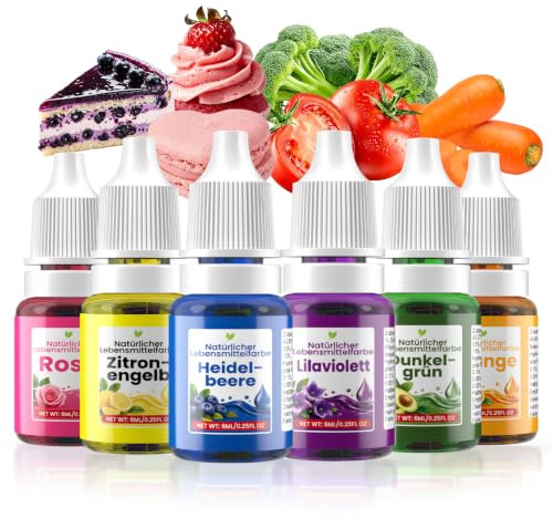 Natürliche Lebensmittelfarbe Flüssig - 6 Pflanzlich Lebensmittelfarben | Frei FD&C Grün Blau Lila Food Coloring, Lebensmittelfarbstoff zum Tortendeko, Backen, Torten, Dekorieren und Kochen, Airbrush
