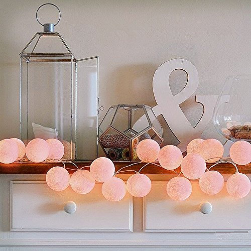 ELINKUME® LED Lichterkette mit 20 Baumwollkugeln, Leuchtfarbe-warmweiß, Batteriebetrieben, 3.3M Lampion Lampe String für die Dekoration, Pink