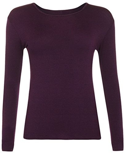 Women Long Sleeve T-Shirt Top Basic Casual Plain Stretch Vest Body Blouse Tee Layering, S/M 8-10, Purple