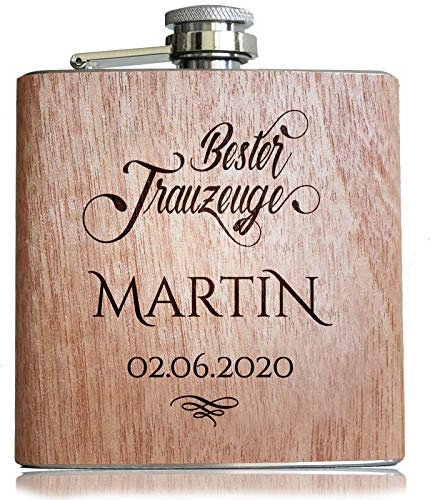 Holz Flachmann Bester Trauzeuge, mit persönlicher Namens Gravur | Geschenk Wunsch Name Datum graviert