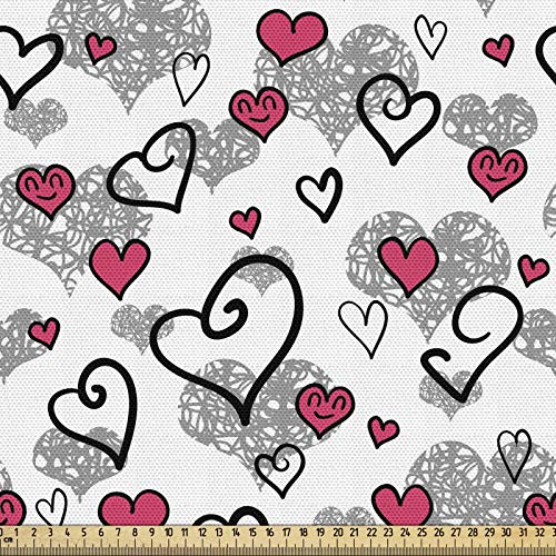 ABAKUHAUS Gekritzel Gewebe als Meterware, Valentinstag Herzen, Schön Gewebten Stoff für Polster und Wohnaccessoires, 1M (148x100cm), Pink Weiß Grau