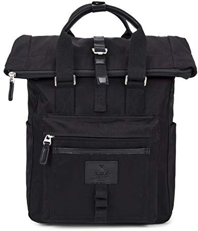 SEVENTEEN LONDON – 12L Laptop-Rucksack für Damen 15 Zoll Mädchen Jungen Schulrucksack Wasserabweisendes Nylon Gefalteten Roll Top Rucksack in Schwarz für Universität/Reisen/Herren – 'Canary Wharf'