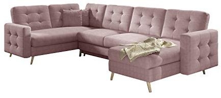 MOEBLO Ecksofa mit Schlaffunktion mit Bettkasten Couch U-Form Polstergarnitur Wohnlandschaft Polstersofa mit Ottomane Couchgranitur - ASLAN U (Rosa (Omega 91), Ecksofa Rechts)