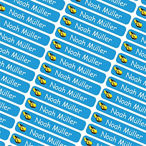 Indigos UG Namensaufkleber Kinder Schule - 6x1cm - 007 - Hot Rod Auto - Etiketten selbstklebend - 60 personalisierte Aufkleber für Kindergarten, Stifte, Bücher Brotdose Federmappe Lineale & Spielzeug