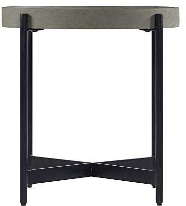 Alaterre Furniture Brookline runder Beistelltisch aus Holz mit Grauer Betonbeschichtung, Tischplatte im Tablett-Stil mit schwarzen, pulverbeschichteten Eisenbeinen, Akzent für Wohnzimmer oder Büro,