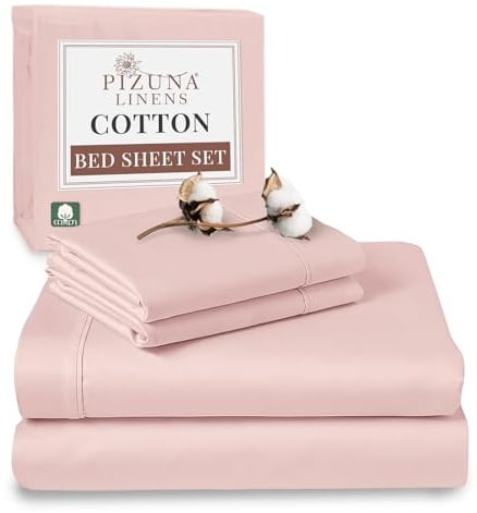 Pizuna 100% Cotton Super King Bed Sheet Set Light Pink, 400 Thead Count Long Staple Cotton Bedding Set 300x280 cm, Soft Sateen 4 PC King Bed Sheet Set -Fitted Sheet, Flat Sheet & 2 Pillowcases