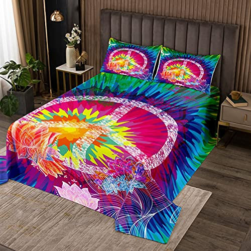 Hippie Friedenskunst Tagesdecke 170x210cm Wohndecke Boho Tie Dye Psychedelische Blumen Steppdecke Schlafzimmer Dekor Bunte Friedenszeichen Bohemien Gypsy Bettüberwurf Jugendliche