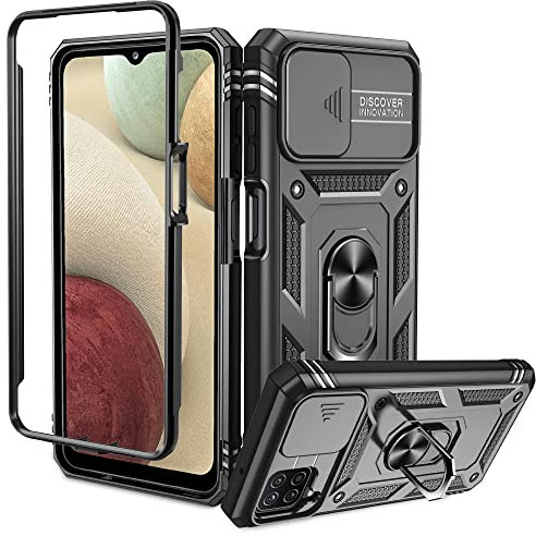 Pilaru Echter Militärischer für Samsung Galaxy A12 Hülle (Unzerstörbar Stoßfestigkeit), Kameraschutz +360° Drehbarer Ständer +PC Bumper Schutzhülle Fallschutz Kratzfest Handyhülle Samsung A12 Schwarz