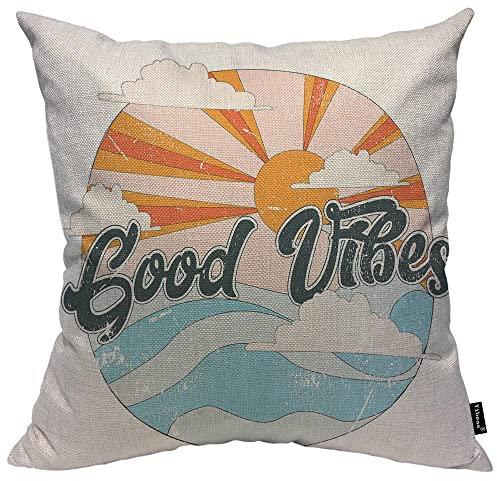 Yibeas Good Vibes Kissenbezug, 40,6 x 40,6 cm, Retro-Spruch, Welle und Sonne, Kissenbezug, Baumwolle, Leinen, Kissenbezug für Heimdekoration