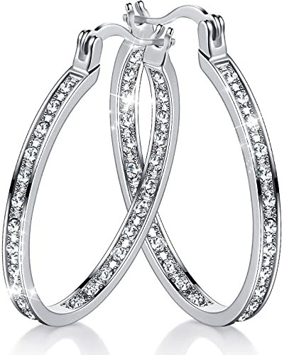 Diamant Creolen Ohrringe für Damen Runde Glitzer Strassteine Ohrringe Süße Luxus Kristall Creolen für Frauen (Silber, 36 Mm)