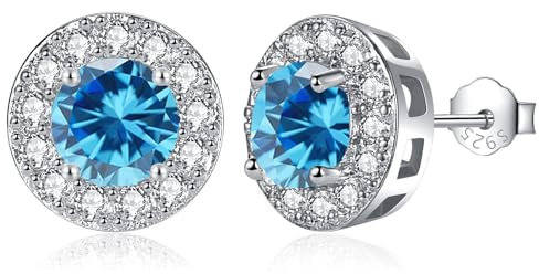 MASOP Ohrstecker Silber 925, Geburtsstein Aquamarin Ohrringe Runde Zirkonia Schmuck Geschenke für Frauen Damen Mädchen zum Geburtstag