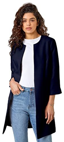Roman Textured Longline Jacket for Women UK Ladies Reefer Coat Lined Tailored Lightweight Long Autumn Winter Smart Casual Office Work Business Evening Going Out
