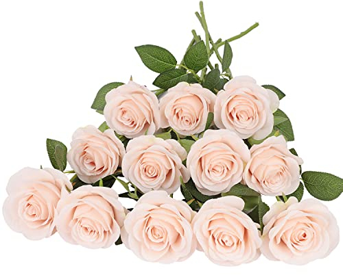 JUSMAI Künstliche Rosen, Rosen, künstliche Rosen, mit langen Stielen, Seidenblumen für Hochzeit, Blumenstrauß, Tafeldekoration, Party, Braut, Babyparty, Heimdekoration, 12 Stück