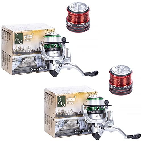 Zite Fishing Angelrollen-Set | Forellen-Rolle bespult mit Angelschnur | je 2 Aluminium-Spulen | 2 Stück Stationär-Rolle | Spinn-Rolle mit Schnellklapp-Kurbel | 0,25mm & 0,35mm Angelschnur