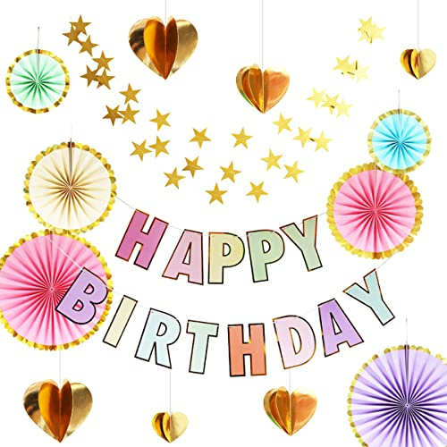 Morices Birthday Party Decoration Kit, Happy Birthday Banner Hanging Paper Fans 3D Love Heart Garlands String Star Bunting Flags, Reusable Decorative Party Backdrop Photo Props (Macaroon)