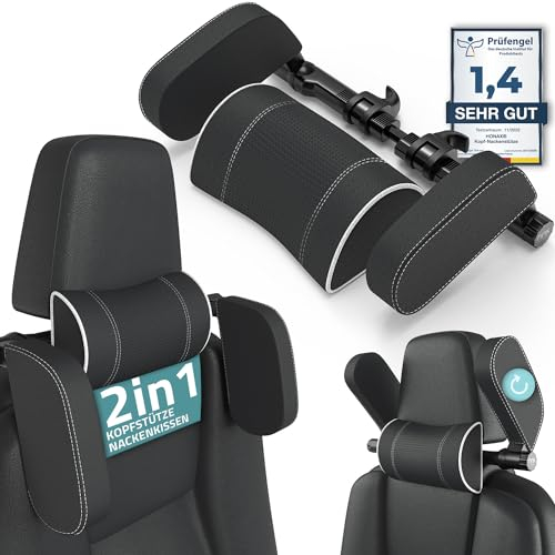HONAX® Kopf- und Nackenstütze [ZERTIFIZIERT] für Kinder & Erwachsene - KEIN WERKZEUG NÖTIG! - Kopfstütze Nackenkissen Autokissen | Schlafen während Autofahrt | Reise Auto Kissen | Leder | Schwarz