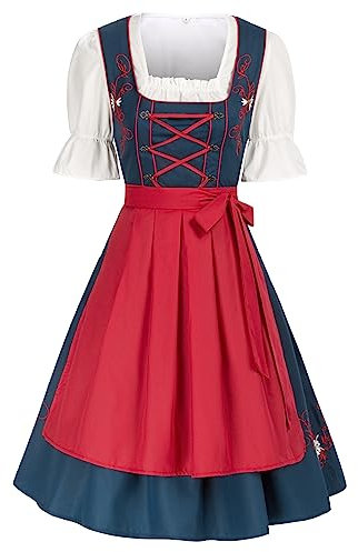 JASAMBAC Damen Dirndl midi 3-teiliges Trachtenkleid Trachtenrock Kleid Dirndlbluse für Oktoberfest, Rot Blauer Hintergrund M