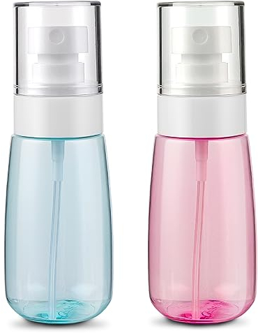 WLLHYF 2er-Pack Reise-Sprühflasche, TSA-geprüft, kleine Sprühflasche in Reisegröße, 60 ml, auslaufsicher, nachfüllbar, feine Sprühflasche für Parfüm, ätherische Öle, Toner, Kosmetika (Blau/rosa)
