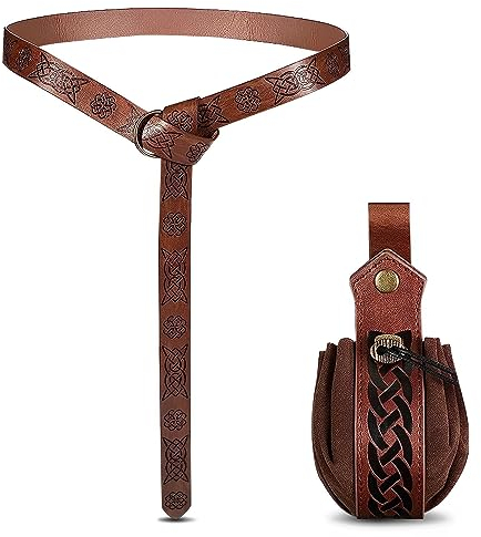 Zoonvii Halloween Nekromanten Anzug 2 Pcs,Mittelalterlicher Kunstledergürtel+Gürteltasche,Mittelalter GüRtel Kleidung,Tragbare Vintage GüRtelschlaufe für Zauberer Hexe Cosplay,Kostümzubehör