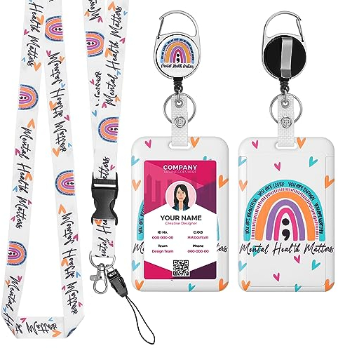 TIESOME Einziehbares Lanyard mit ID Kartenhalter Set, Boho Regenbogen Kunststoff Kartenhalter mit abnehmbarem Lanyard und einziehbarem Ausweishalter ID Schutz harter Ausweishalter für Arzt Lehrer (D)